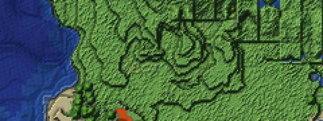 Top-down map of a green hill zone beside water